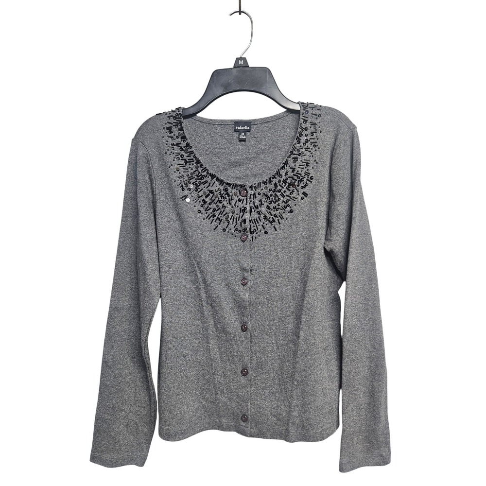 Rafaella Womens Gray Cotton Beaded Sequin Cardigan Sweater Long Sleeve Size M